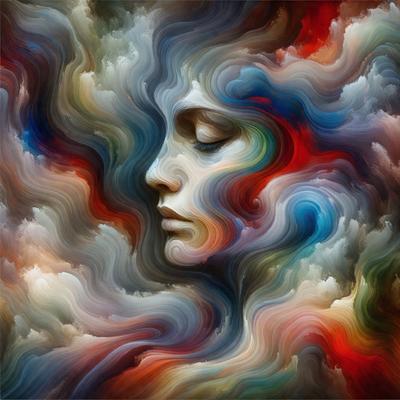The primary subject of the image is a woman's face, which is the focal point of the artwork. The setting is a cloudy sky, which serves as the backdrop for the woman's face. The visual style is a combination of digital art and illustration, creating a unique and intricate design. The colors and mood of the image are predominantly blue and red, giving it a vibrant and dramatic atmosphere.